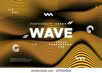 Gold Abstract Banner with Ripple Effect. Linear Background with Movement. 3d Striped Poster with Distortion of Surface. Vector Wave Template for Brochure, Business, Banner. Flow Metallic Lines Concept
