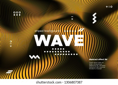 Gold Abstract Banner with Ripple Effect. Linear Background with Movement. 3d Striped Poster with Distortion of Surface. Vector Wave Template for Brochure, Business, Banner. Flow Metallic Lines Concept