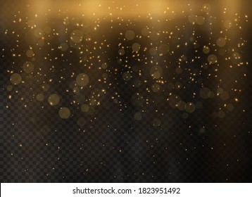 Gold abstract bokeh background dust particles. Golden stars glitter special light effect. Christmas abstract. Vector illustration