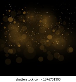 Gold abstract bokeh background. real backlit dust particles with real lens flare. glitter lights . Abstract Festivevintage lights defocused. Christmas and New Year feast