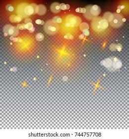 Gold abstract bokeh background, shiny defocus lights vector. Gold defocused sparkles, blurred, transparent, magic decoration. Wallpaper Birthday party, Holiday event, celebration, advertising design.