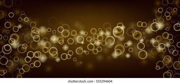 Gold Abstract Bokeh Party Background with defocused lights, glitter and bubbles