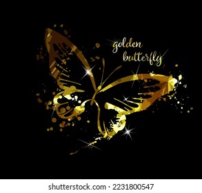 Gold abstract butterfly on black background with reflection. Vector illustration