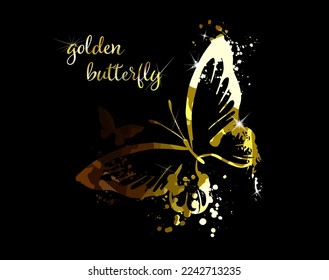Gold abstract butterfly on black background with reflection. Vector illustration
