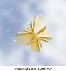 Gold abstract butterfly on a blue background. Vector illustration.