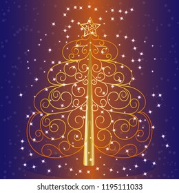 Gold abstract Chrismas tree isolated on the blue background with shining stars around  