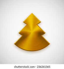 Gold abstract Christmas tree sign, blank button template with metal texture (chrome, silver, steel), realistic shadow and light background for user interfaces, UI, applications and apps. Vector.