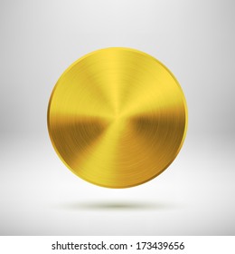 Gold abstract circle badge, blank button template with metal texture (chrome, silver, steel), realistic shadow and light background for user interfaces, UI, applications and apps. Vector illustration.