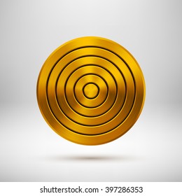 Gold abstract circle geometric badge, technology perforated button template with metal texture, chrome, silver, steel and realistic shadow for logo, design concepts, apps. Vector illustration.