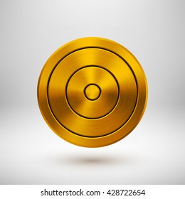 Gold abstract circle geometric badge, technology perforated button template with metal texture, chrome, silver, steel and realistic shadow for logo, design concepts, apps. Vector illustration.