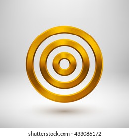 Gold abstract circle geometric badge, technology perforated button template with metal texture, chrome, silver, steel and realistic shadow for logo, design concepts, apps. Vector illustration.