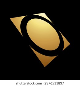 Gold Abstract Circle Shaped Square Icon in Perspective on a Black Background