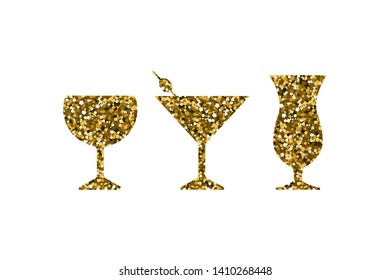 Gold abstract cocktail icons set. Silhouette with sequin. Vector illustration.