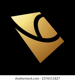 Gold Abstract Distorted Square Icon in Perspective on a Black Background