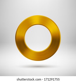 Gold abstract donut, ring badge, blank button template with metal texture (chrome, silver, steel), realistic shadow and light background for interfaces, UI, applications and apps. Vector illustration.