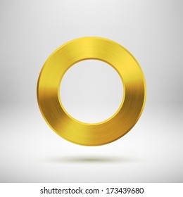 Gold abstract donut, ring badge, blank button template with metal texture (chrome, silver, steel), realistic shadow and light background for interfaces, UI, applications and apps. Vector illustration.