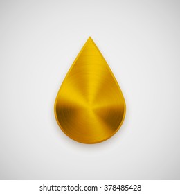 Gold abstract drop badge, blank button template with metal texture, chrome, silver, steel and realistic shadow for logo, design concepts, web, UI, applications, apps. Vector illustration.