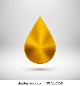 Gold abstract drop badge, blank button template with metal texture, chrome, silver, steel and realistic shadow for logo, design concepts, web, UI, applications, apps. Vector illustration.