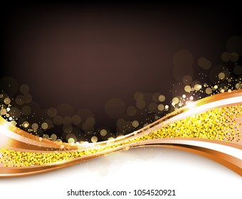 Gold abstract elegant background with lines and flash lights, gold texture, vector illustration