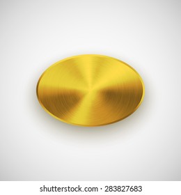 Gold abstract ellipse badge, blank button template with metal texture (chrome, silver, steel), realistic shadow and light background for web interfaces, UI, applications and apps. Vector illustration.
