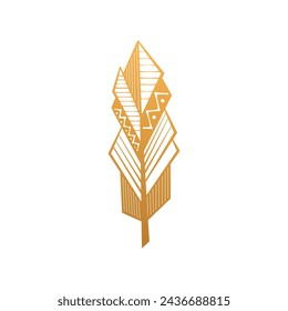 Gold abstract feather from bird wing with geometric tribal pattern vector illustration