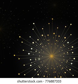 Gold abstract fireworks on dark background. Vector illustration.