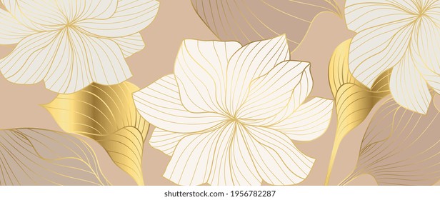 Gold abstract flower line arts background vector. Luxury lotus pink wallpaper design for prints, wall arts and home decoration, cover and packaging design.