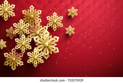 Gold abstract flowers asian pattern in red background