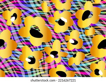 Gold abstract flowers on a background of stripes. Vector seamless pattern for printing on fabric and paper.