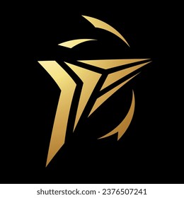 Gold Abstrakte, fragmentierte Pfeil-Symbol auf schwarzem Hintergrund