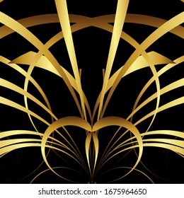 Gold abstract geometric lines on a black background.