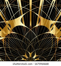 Gold abstract geometric lines on a black background.