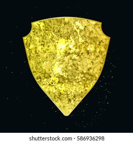 Gold abstract geometric shape like shield in vector. Yellow sparkle label or sign for text with lights and reflection on black. Vintage vip decoration sign on dark backdrop