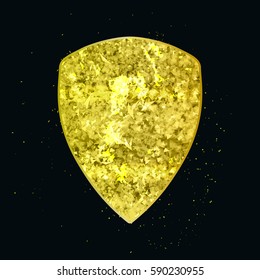 Gold abstract geometric shape like shield in vector. Yellow sparkle label or sign for text with lights and reflection on black. Vintage vip decoration sign on dark backdrop