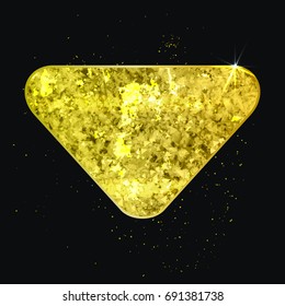 Gold abstract geometric triangle in vector. Yellow sparkle label or sign for text with lights and reflection on black. Vintage vip decoration sign on dark backdrop