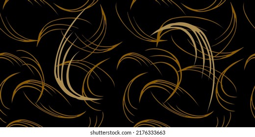 gold abstract hand drawn black background. Seamless pattern. Suitable for fabric, packaging, knitwear, clothing, tablecloth, napkins, bags, background