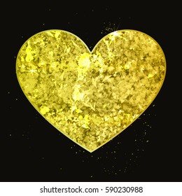 Gold abstract heart in vector. Yellow sparkle label or sign for text with lights and reflection on black. Vintage vip decoration sign on dark backdrop