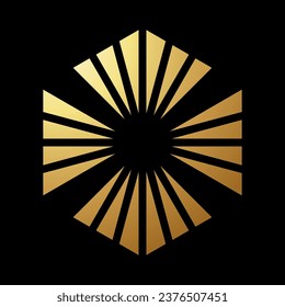 Gold Abstract Hexagon Shaped Cross Icon with Triangular Stripes on a Black Background