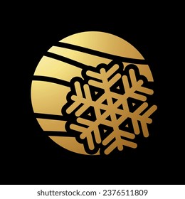 Gold abstraktes Symbol einer Schneeflocke auf schwarzem Hintergrund auf einem Streifen auf einem schwarzen Hintergrund