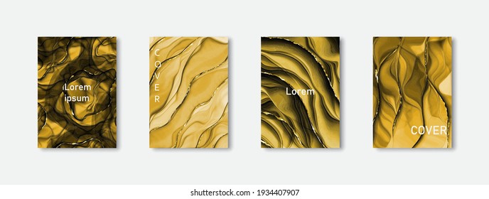 La tinta abstracta de oro cubre la colección de fondo vectorial. Juego de afiches para el sitio web de negocios de plantillas y publicidad de banner en medios sociales. Diseño de fondo de escritorio