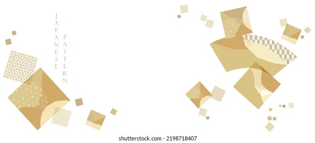 Gold abstract landscape with Japanese paper fan pattern vector banner. Nature art background with geometric element invitation card template in vintage style. Asian traditional icon and symbol design.