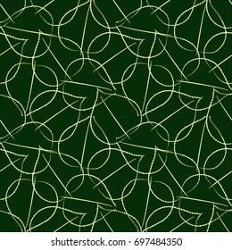 Gold abstract leaves seamless vector pattern. Yellow leaf repeated tiles on dark green background. Dense line overlapping texture.
