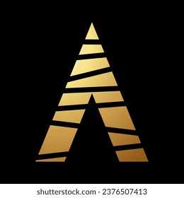 Goldener abstrakter Buchstabe A Symbol mit zufälligen Streifen auf schwarzem Hintergrund