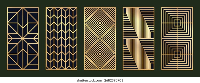 Gold abstract line art pattern vector collection. Laser cut with line design pattern. Design for wood carving, wall panel decor, metal cutting, wall arts, cover background, wallpaper and banner.