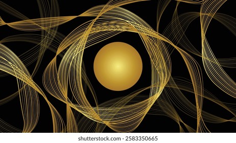 Gold abstract line background. Glowing curved lines. Dynamic wave pattern. Futuristic technology concept. Banner, logo, poster, cover, brochure, flyer, website. Black background. Copy space. Line art.