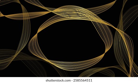 Gold abstract line background. Glowing curved lines. Dynamic wave pattern. Futuristic technology concept. Banner, logo, poster, cover, brochure, flyer, website. Black background. Copy space. Line art.