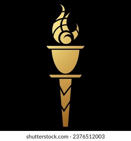 Gold Abstract Long Torch and Striped Fire Icon on a Black Background