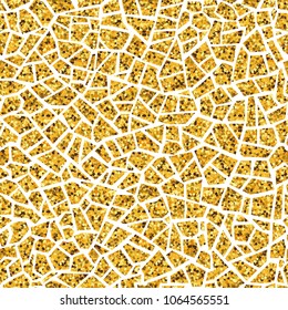 Gold abstract mosaic seamless pattern. Vector golden background. For design and decorate backdrop. Endless texture. Ceramic tile fragments. Broken tiles trencadis. Neutral light background