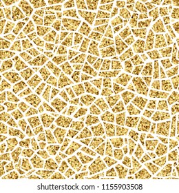 Gold abstract mosaic seamless pattern. Vector golden background. For design and decorate backdrop. Endless texture. Ceramic tile fragments. Broken tiles trencadis. Neutral light background