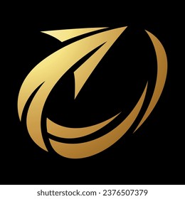 Resumen de oro Orbiting Spiky Arrow Icon en un fondo negro